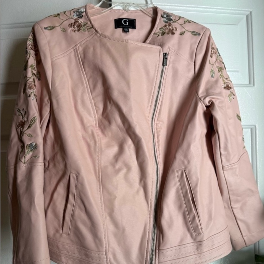 Embroidered Blush Pink Women's Faux Leather Jacket Sz M Moto Boho Baddie Rocker